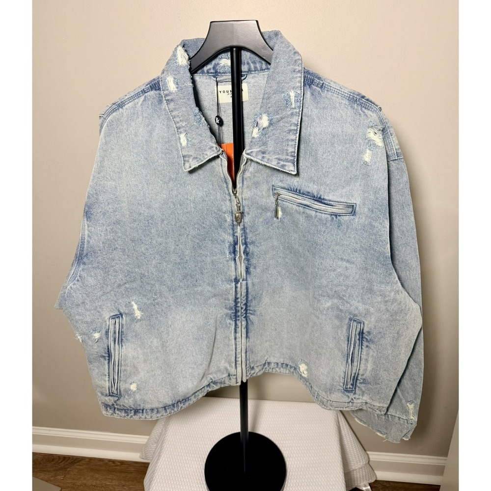 Youngla Distressed Swaggy Zipper Jean Jacket Light Blue YP5042 Mens XL